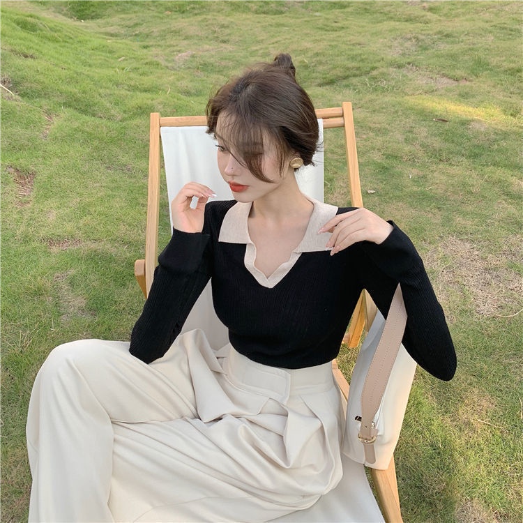 Áo Sweater Dệt Kim Tay Dài Cổ Polo Thiết Kế Xinh Xắn Cho Nữ