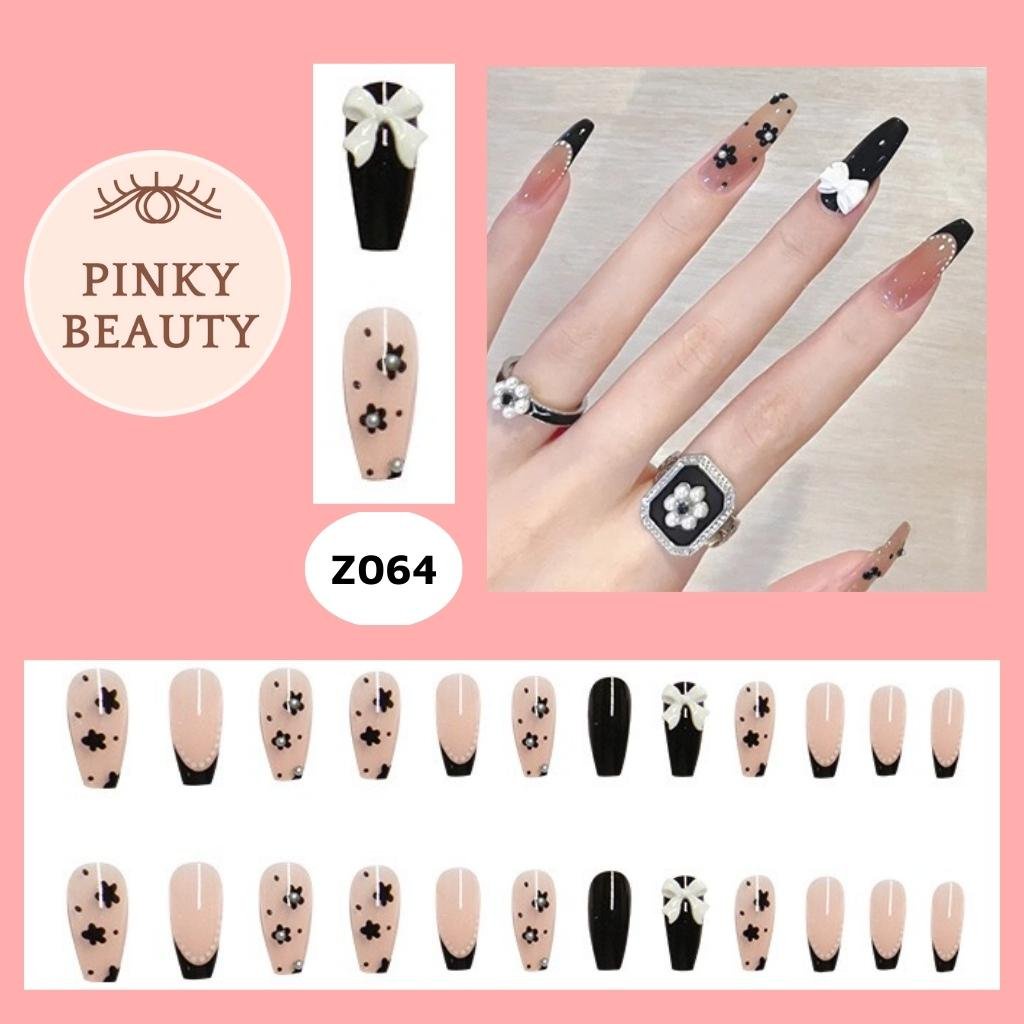 Móng Tay Giả Đính Đá Bộ 24 Móng Giả Pinky Beauty Họa Tiết Đa Dạng, Đẹp Sang Trọng Phong Cách Dài, Ngắn Cho Nữ Kèm Keo