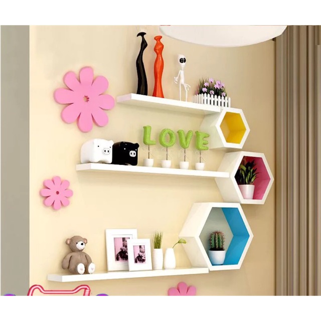 🎀KỆ GỖ TREO TƯỜNG: 3 HÌNH LỤC GIÁC - 1 BỘ 3 THANH NGANG DÀI 40cm