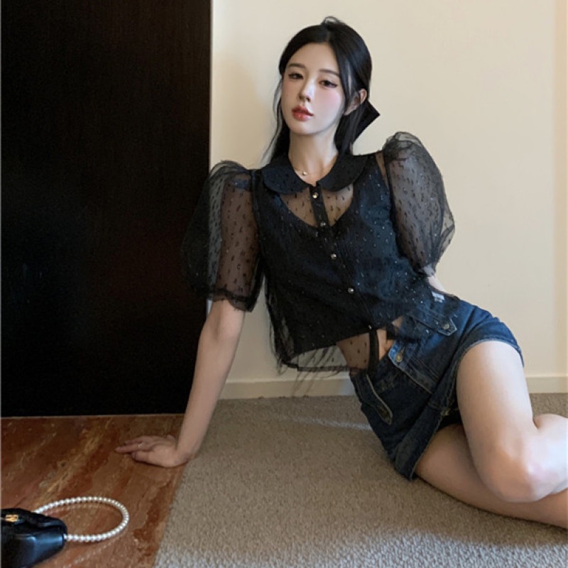 Set Đồ 2 Món Gồm Áo Lưới Tay Ngắn Xuyên Thấu Dành Cho Nữ