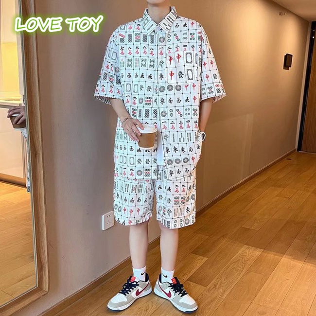 Nkodok Set Áo Sơ Mi Ngắn Tay + Quần Short Mỏng In Họa Tiết Mạt Chược Thời Trang Mùa Hè Cho Nam
