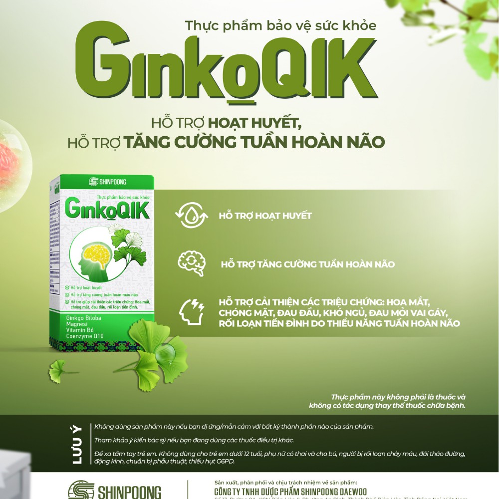 Viên Uống Bổ Não SHINPOONG GINKOQIK Bổ Não Tăng Cường Tuần Hoàn Não - 60 Viên.