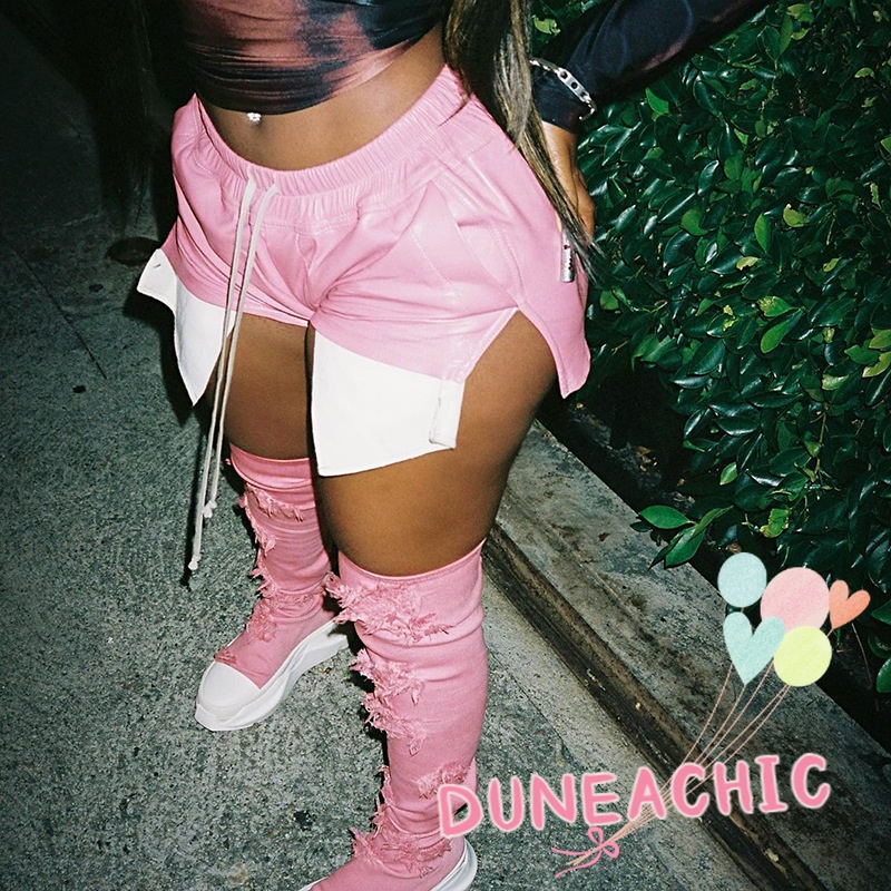 DUNEA Quần Short Da Pu Lưng Cao Cột Dây Phối Màu Trẻ Trung Cá Tính Cho Nữ