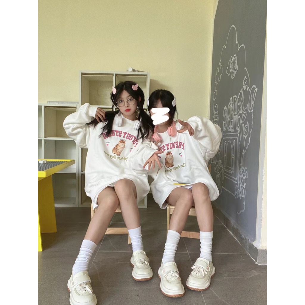 Áo Sweater Cổ Tròn Dáng Rộng In Hình Mèo Đội Vương Miện Dễ Thương Kiểu Mỹ