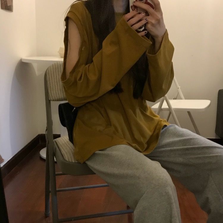 Áo thun dài tay hở vai dáng rộng thời trang xuân thu kiểu Hàn Quốc trẻ trung 2021 cho nữ