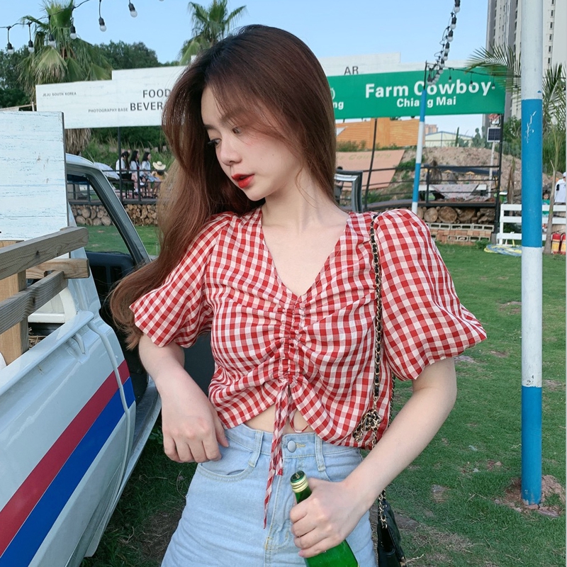 Áo croptop tay phồng kẻ sọc caro phong cách Hàn Quốc trẻ trung cho nữ | BigBuy360 - bigbuy360.vn