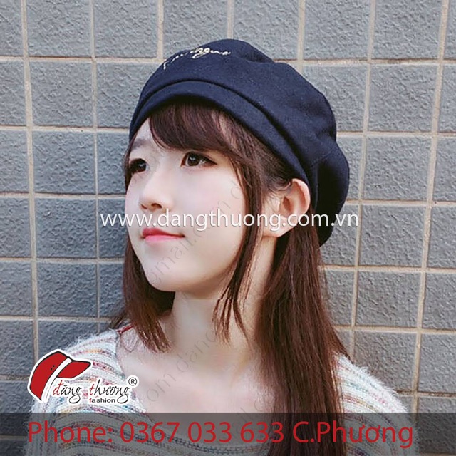 Mũ nồi nỉ dạ beret thêu chỉ ánh kim LOVING màu xanh đen/ đỏ/ đen