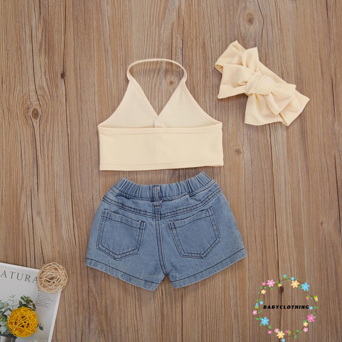 Bộ Áo Yếm Cột Dây + Quần Short Denim + Băng Đô Cho Bé Gái