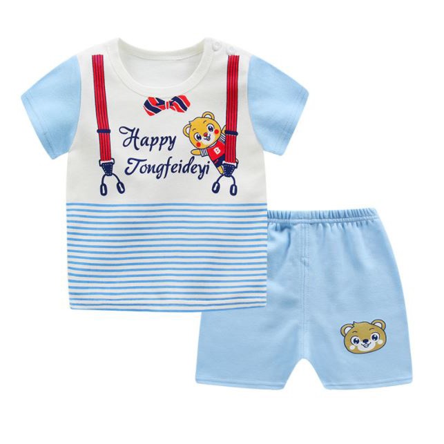 Bộ thun cotton bé trai in gấu dây đeo và nơ dễ thương