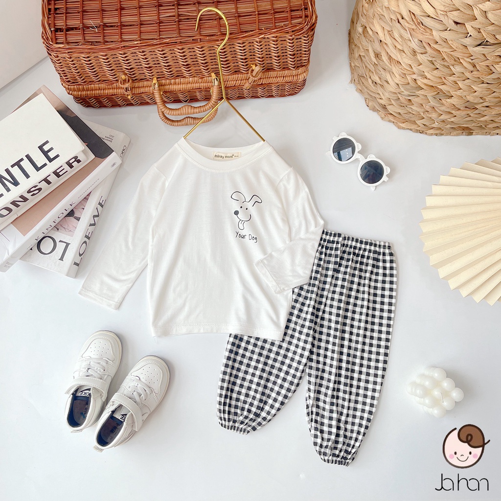 [SALE] Bộ Thun Lạnh Dài Tay Alibaba Cho Bé Trai, Bé Gái Minky Mom In Ngực Quần Caro, Đồ Bộ Cho Bé Mặc Nhà MKMTD2214