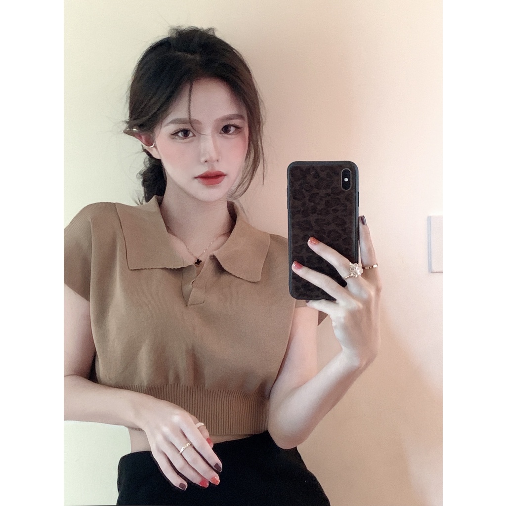 HUANG YOYO Áo Thun POLO Ngắn Tay Phong Cách Hàn Quốc Đơn Giản Thời Trang Dành Cho Nữ