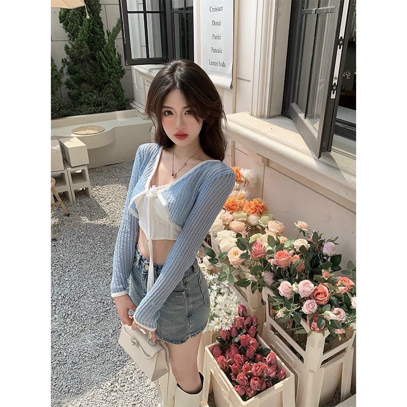 Áo choàng cardigan lưới croptop viền thắt dây