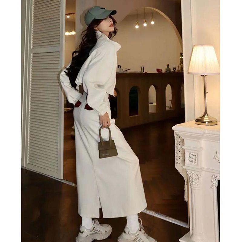 Set Áo Khoác Dáng Ngắn Phối Màu Tương Phản Phối Chân Váy Lưng Cao Xẻ Tà Thời Trang Mùa Thu Cá Tính Cho Nữ