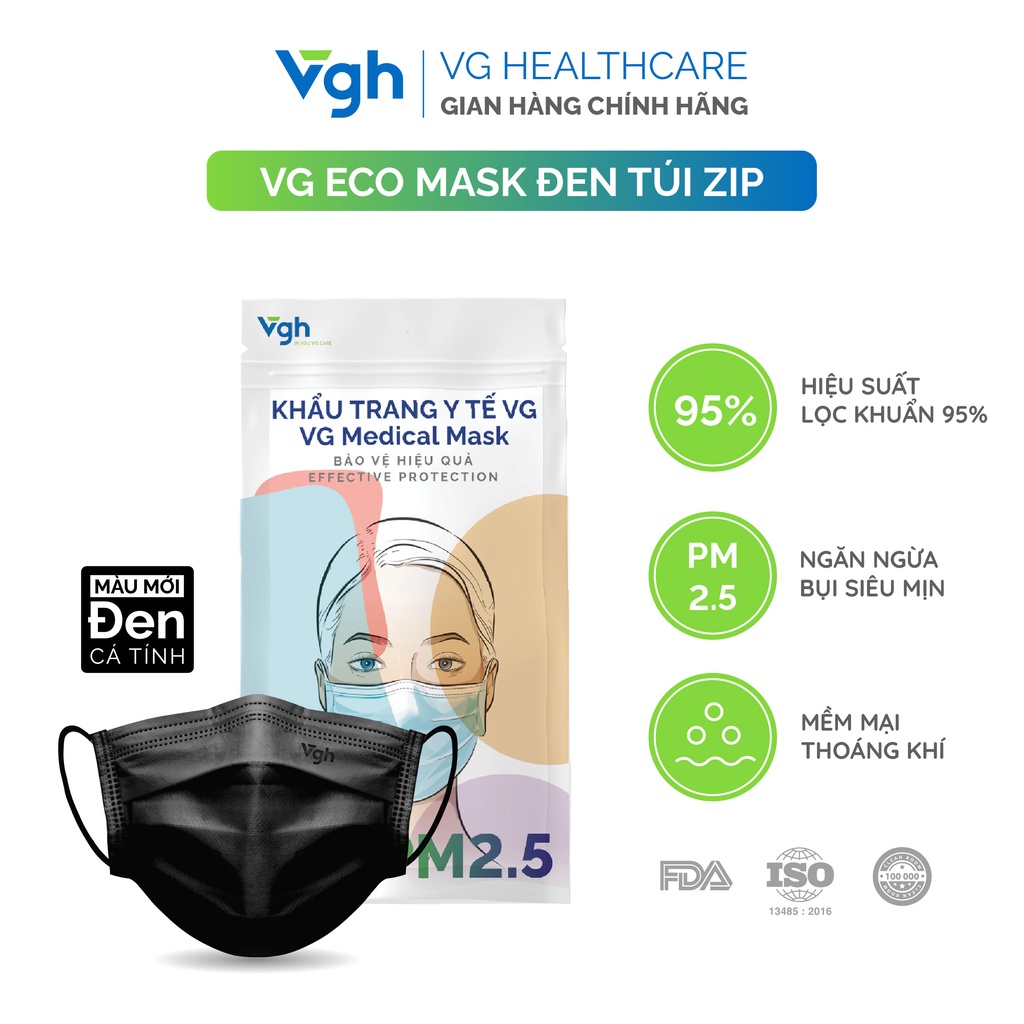 Khẩu trang y tế VG Eco Mask túi zip tiện lợi, màu đen cá tính kháng khuẩn - Chính hãng VG Healthcare - Túi 10 chiếc