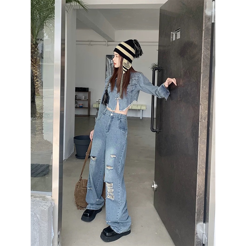 Set Áo Khoác Denim Tay Dài + Quần Jeans Rách Lưng Cao Ống Rộng Phong Cách Hong Kong