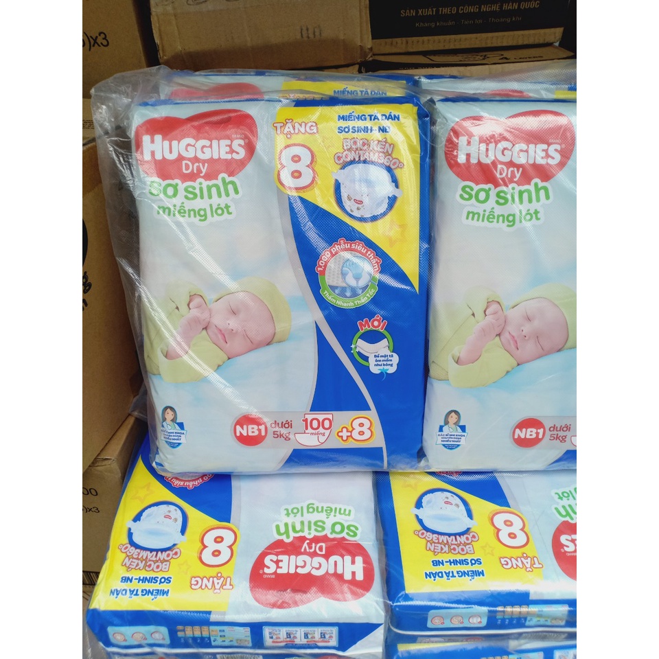 Miếng lót sơ sinh Huggies NB1 100 miếng + Tặng 8 miếng (Dưới 5kg)