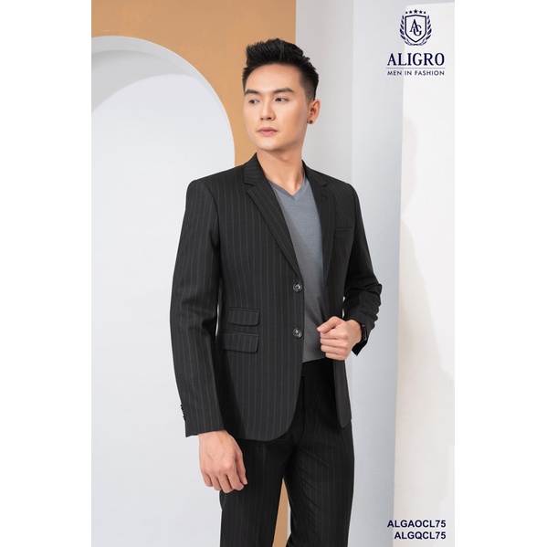 Bộ vest nam kẻ đen vải tuytsi 2 cúc gồm 1 áo 1 quần cao cấp thương hiệu Aligro ALGCL75