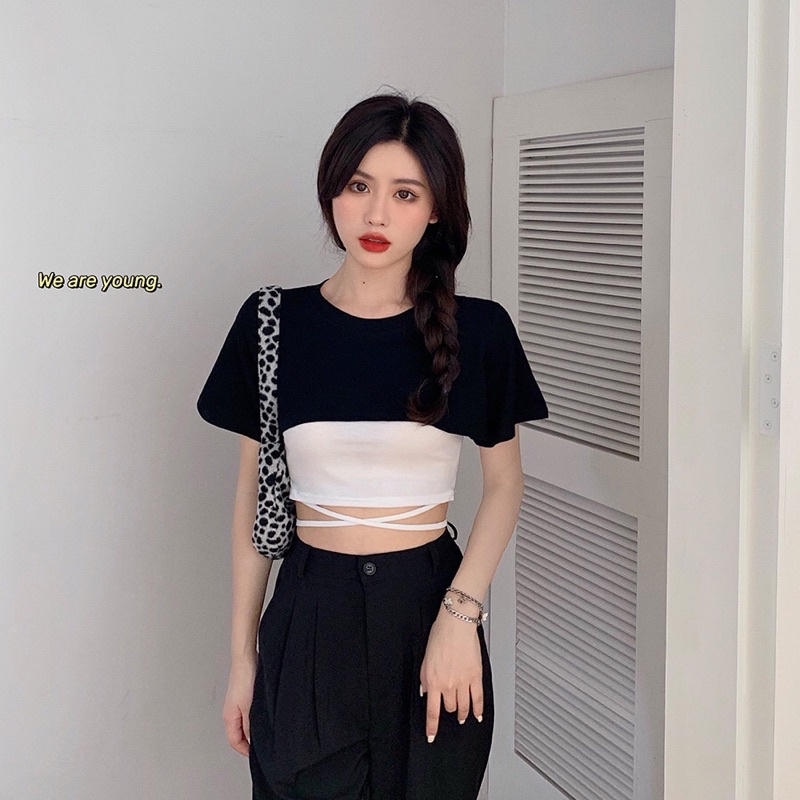 Set Áo Thun Croptop Kèm Áo Hai Dây Cột Eo Năng Động Cá Tính Siêu Xinh Luvié Closet