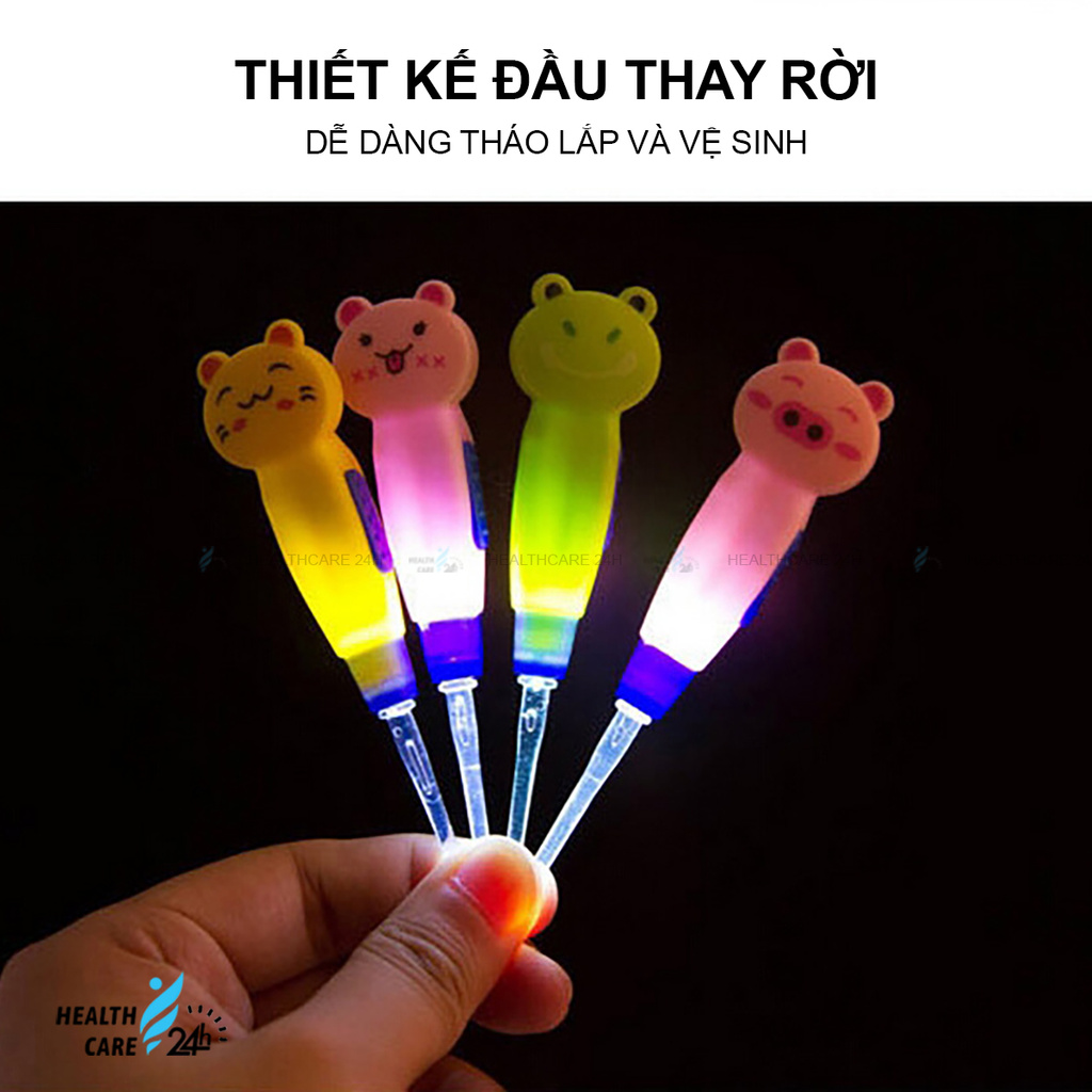 Cây Lấy Ráy Tai Phát Sáng, Dụng Cụ Lấy Ráy Tai Có Đèn - Tay Cầm Ngộ Nghĩnh - 3 Đầu Thay Dễ Tháo Lắp