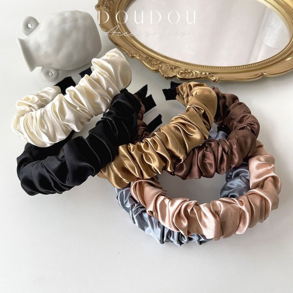 Băng đô cài tóc DOUDOU Bờm tóc nữ chất liệu vải lụa nhún tiểu thư công chúa phong cách Hàn Quốc vintage thời trang FG019