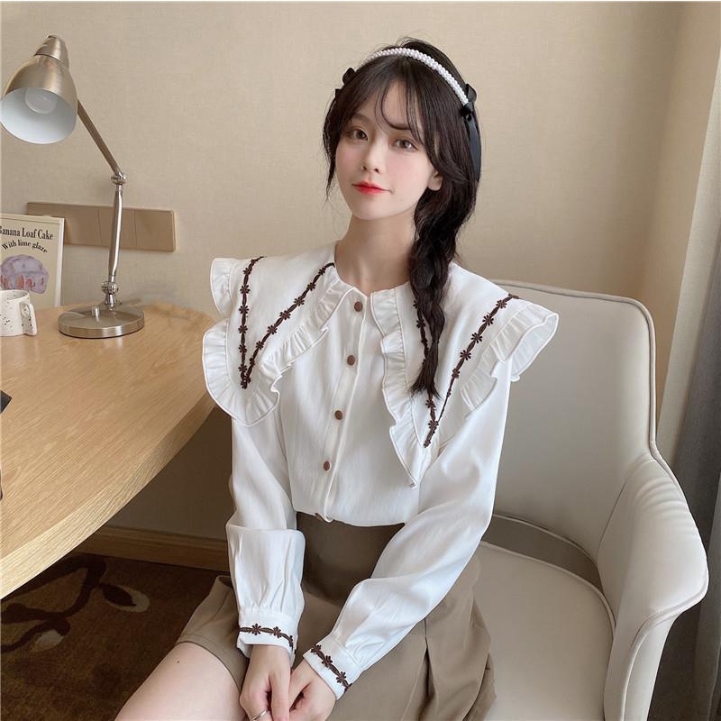 Áo sơ mi tay dài cổ búp bê phong cách Hàn Quốc thời trang dành cho nữ