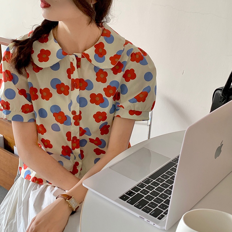 Áo Sơ Mi Chiffon Tay Ngắn In Họa Tiết Hoa Thời Trang Mùa Hè Hàn Quốc Mới Cho Nữ