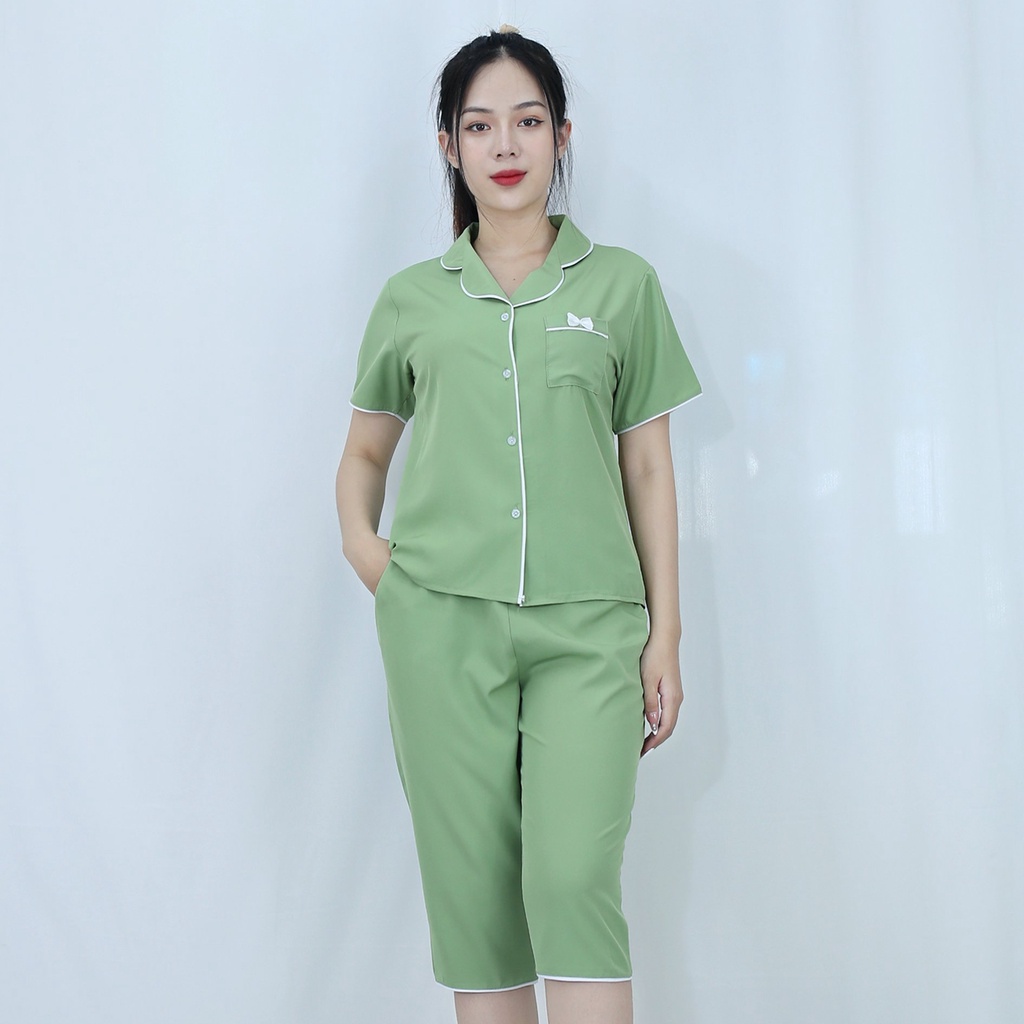 Bộ quần áo Pijama nữ XANH ĐẬU Ngắn Tay Quần Lửng vải  lụa cao cấp - Thoáng Mát Thoải Mái - Mặc là thích ngay !