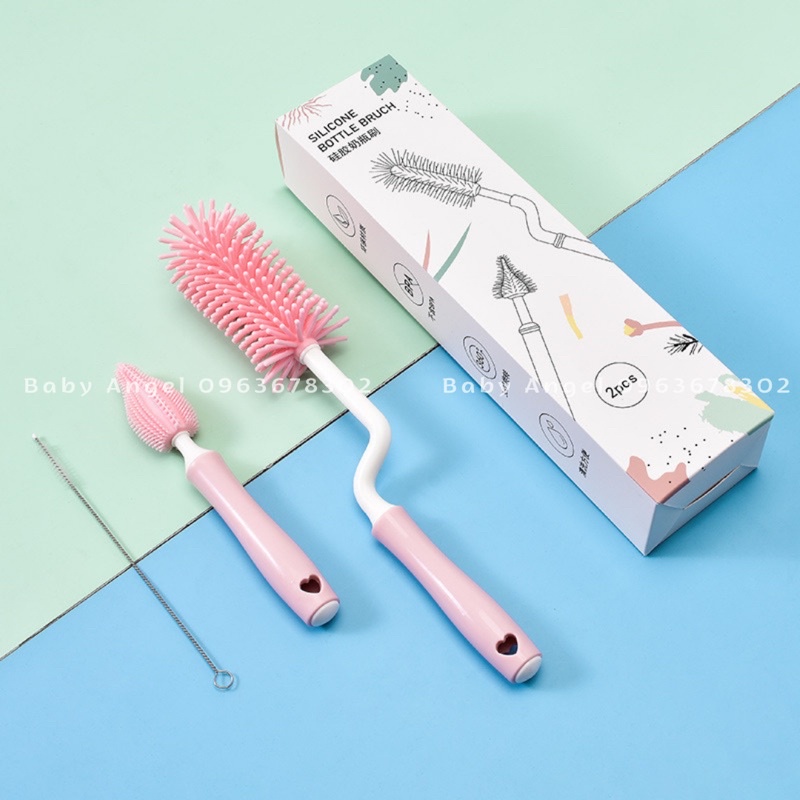 Bộ cọ bình sữa silicon 3 chi tiết, tiệt trùng nước sôi, chất liệu an toàn cho bé