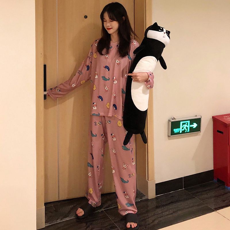 Women Lovely Sweet Autumn Cute Cartoon Print Long Sleeved Pajama Set Cotton Sleepwear