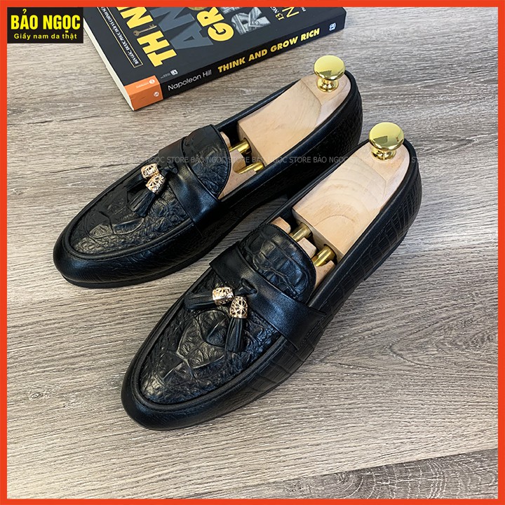 Giày lười nam da bò cao cấp dập vân cá sấu băng chuông🎁 Đế cao su đúc cao 3cm