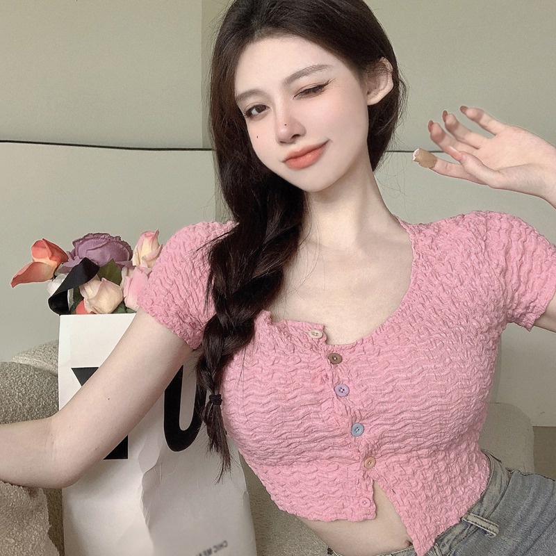 Áo Thun Croptop Tay Ngắn Dáng Ôm Đính Nút Nhiều Màu Kiểu Hàn Quốc Dễ Thương
