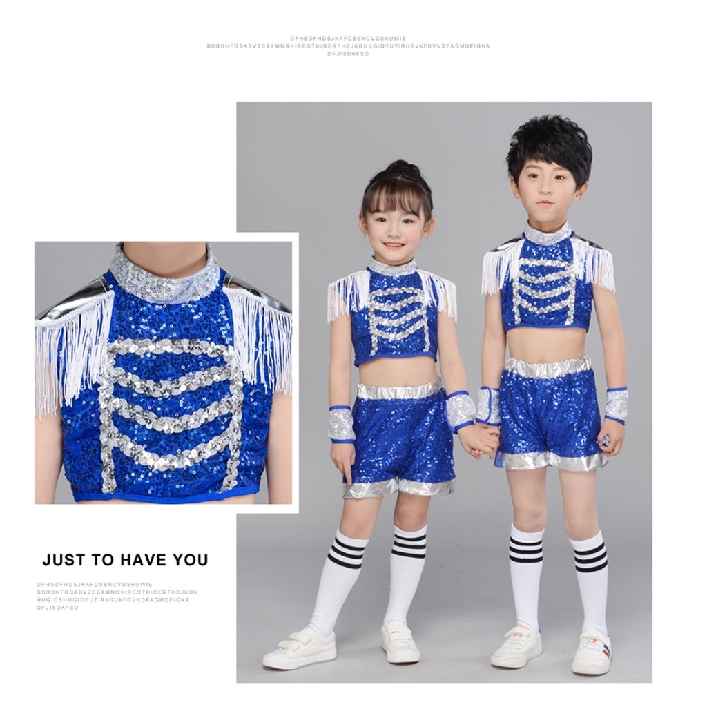 Bộ đồ trình diễn phối tua rua đính kim sa màu xanh dành cho unisex