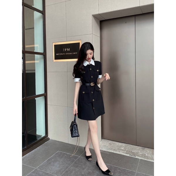 Đầm công sở dáng chữ A tay ngắn có đai thắt eo tôn dáng thương hiệu Gucci GC cao cấp