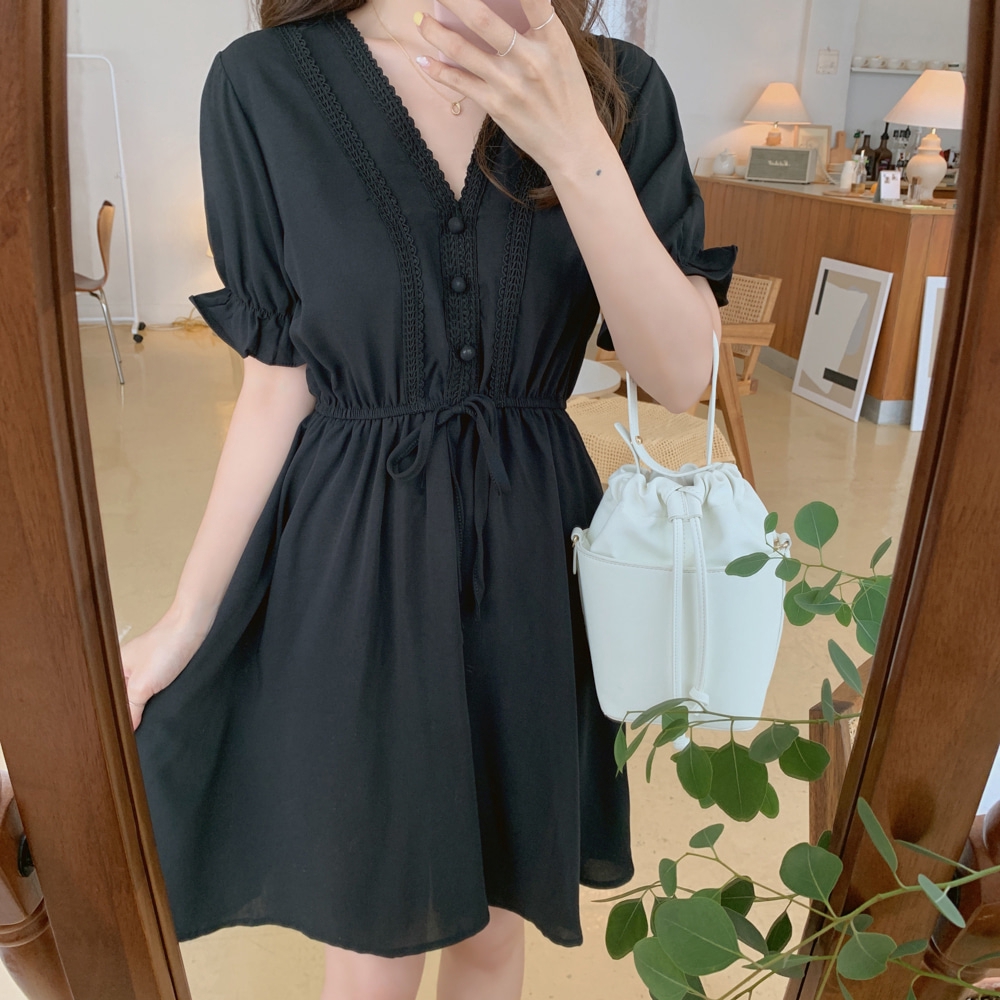 Đầm tay phồng cổ chữ V màu trơn thanh lịch dành cho nữ 29352