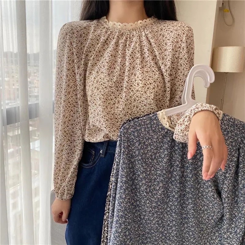 Áo sơ mi bèo tay phồng dài, sơ mi nữ họa tiết hoa nhí phong cách nhẹ nhàng thanh lịch nữ tính