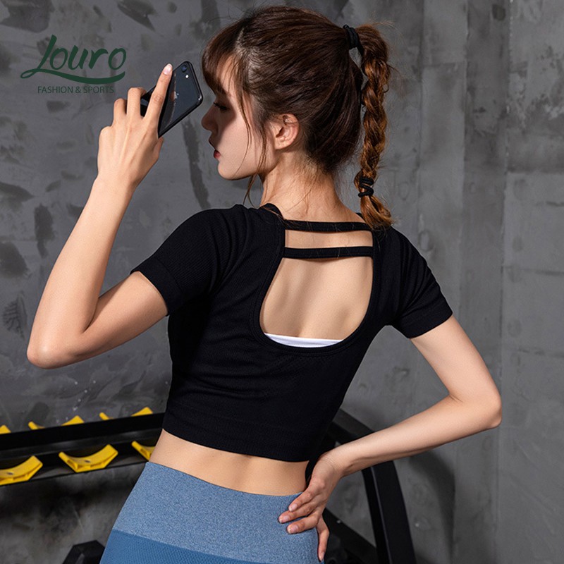 Áo croptop body Louro LA80, kiểu áo croptop tập gym dùng tập thể thao, gym, yoga, zumba, chất liệu siêu co giãn