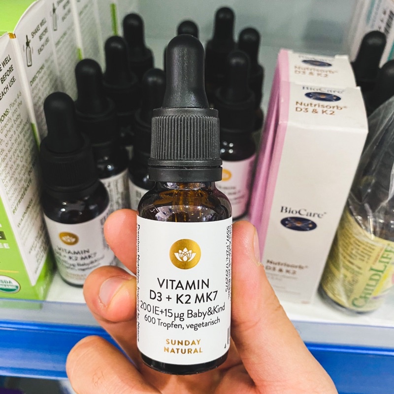 Vitamin D3 + K2 MK7 Sunday Natural Đức 200 IE + 15µg 600 giọt cho bé từ 0 tháng tuổi