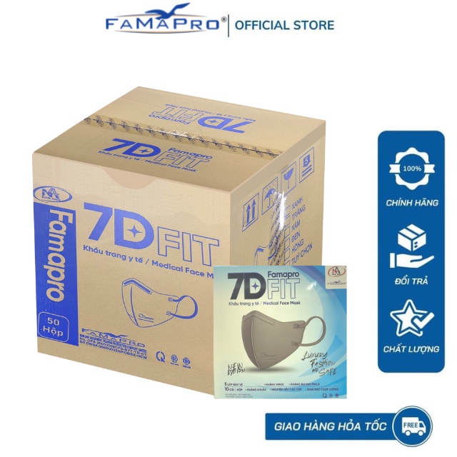 Famapro 7D FIT Thùng 50 hộp Khẩu trang y tế cao cấp kháng khuẩn 5 lớp (10 cái/ hộp)