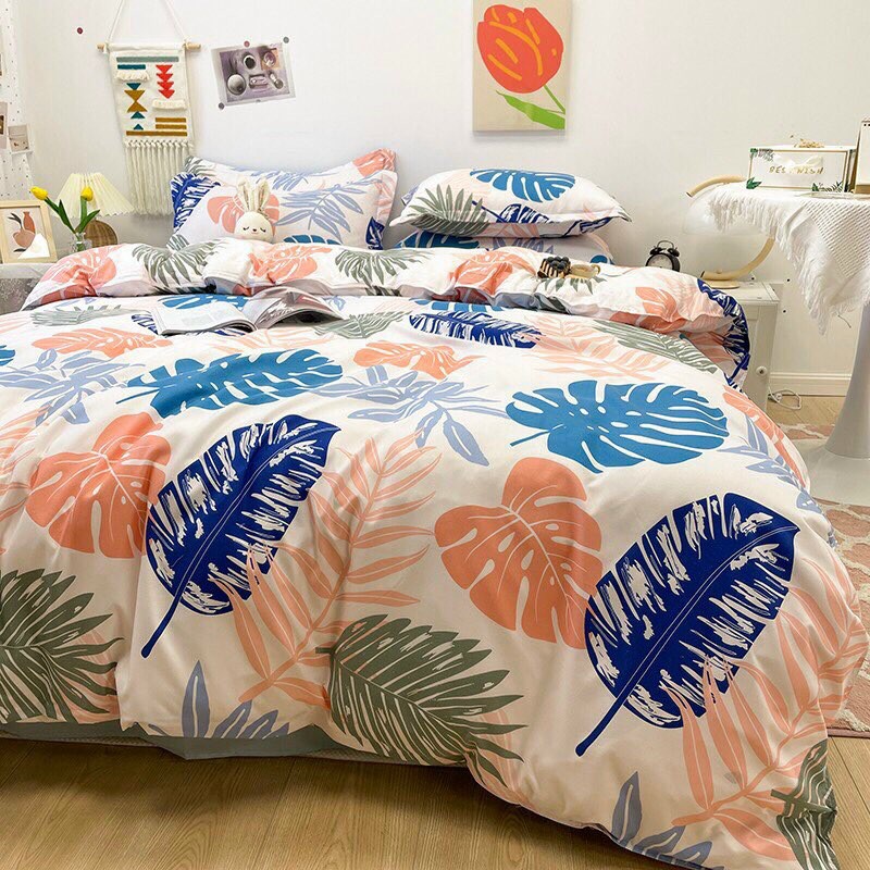 (Tặng vỏ gối ôm) Bộ chăn ga gối Poly Cotton Lá Dương sỉ cao cấp màu sắc tươi mới - Miễn phí bo chun