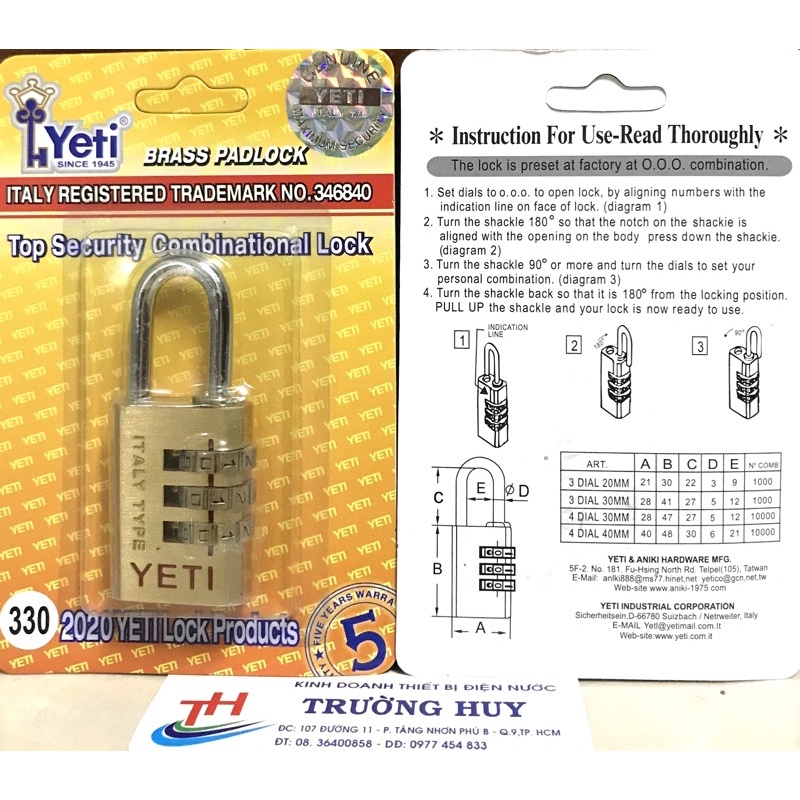 Khoá số cao cấp Yeti 440 Đài Loan - Bảo hành 12 tháng