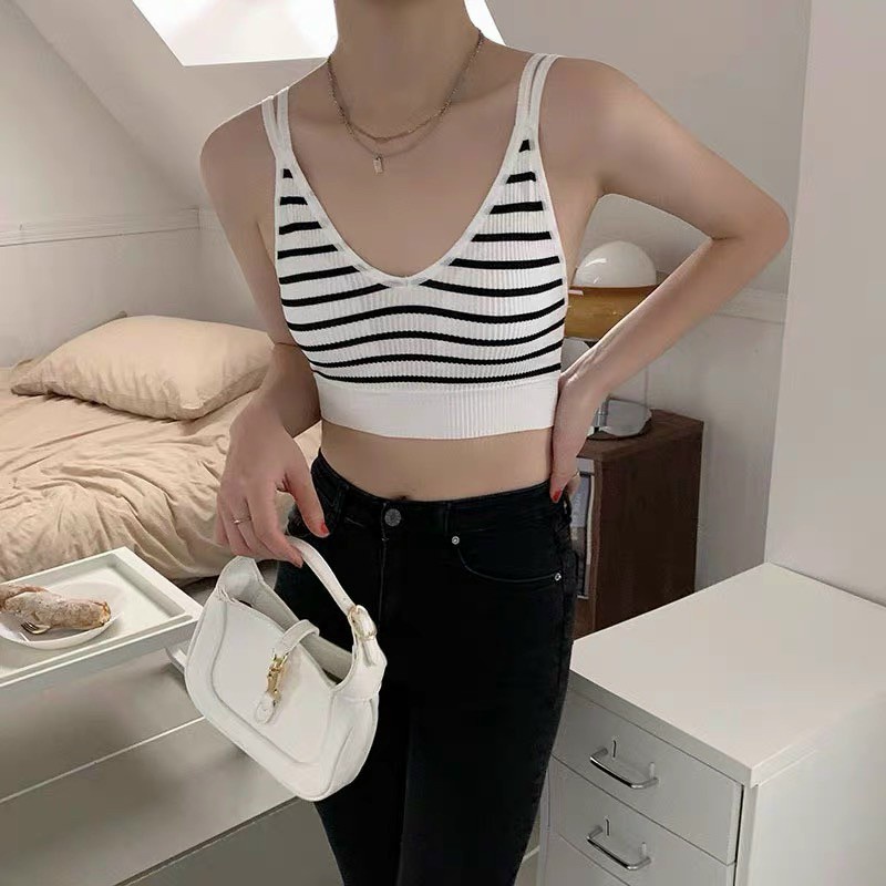 Áo Bra Cotton 2 Dây Kép Phối Kẻ Cá Tính