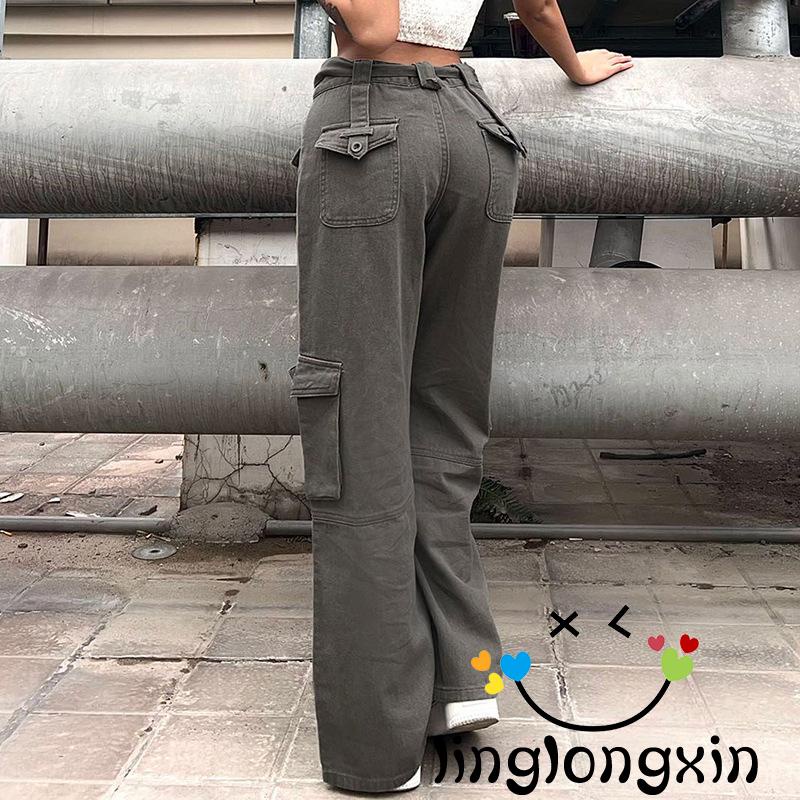 Quần Jean Dài Có Khóa Kéo Màu Trơn Linglongxi2-Y2K Cho Nữ