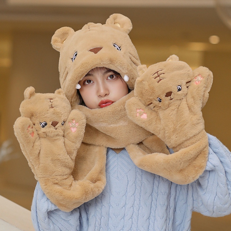 Khăn Choàng Lông Cừu Có Mũ Trùm Đầu Kèm Găng Tay Giữ Ấm Tiện Lợi