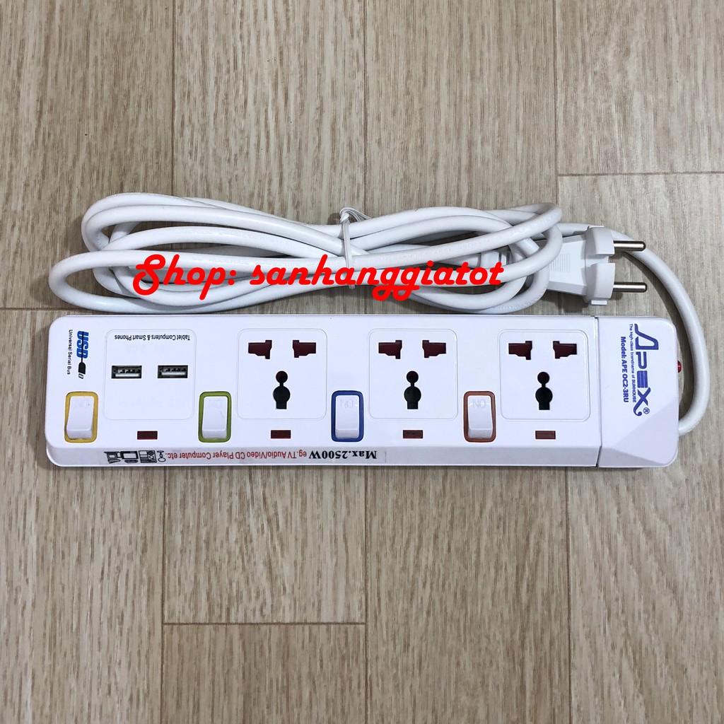 Ổ cắm điện Apex OC2-3RU 3 lỗ cắm, 2 cổng USB dây dài 2,5m - Bảo hành 12 tháng