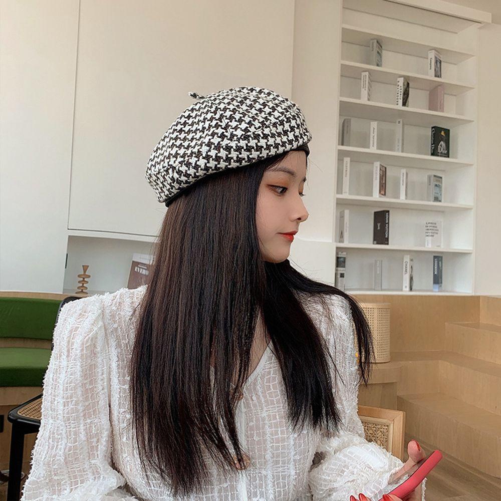 Mũ Beret Da PU Họa Tiết Sọc Caro Phong Cách Retro Thời Trang Mùa Đông Cho Nữ