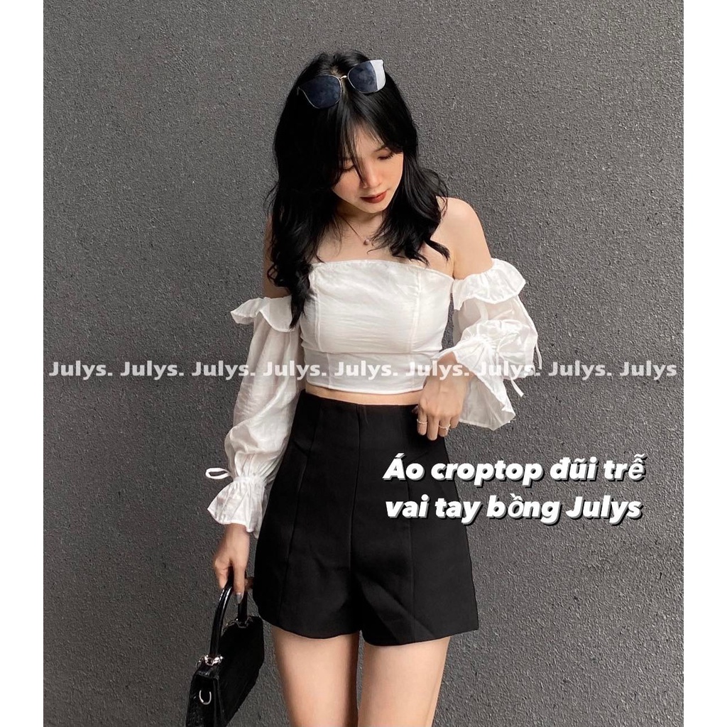 Áo croptop đũi trễ vai tay bồng (ảnh thật kèm video)