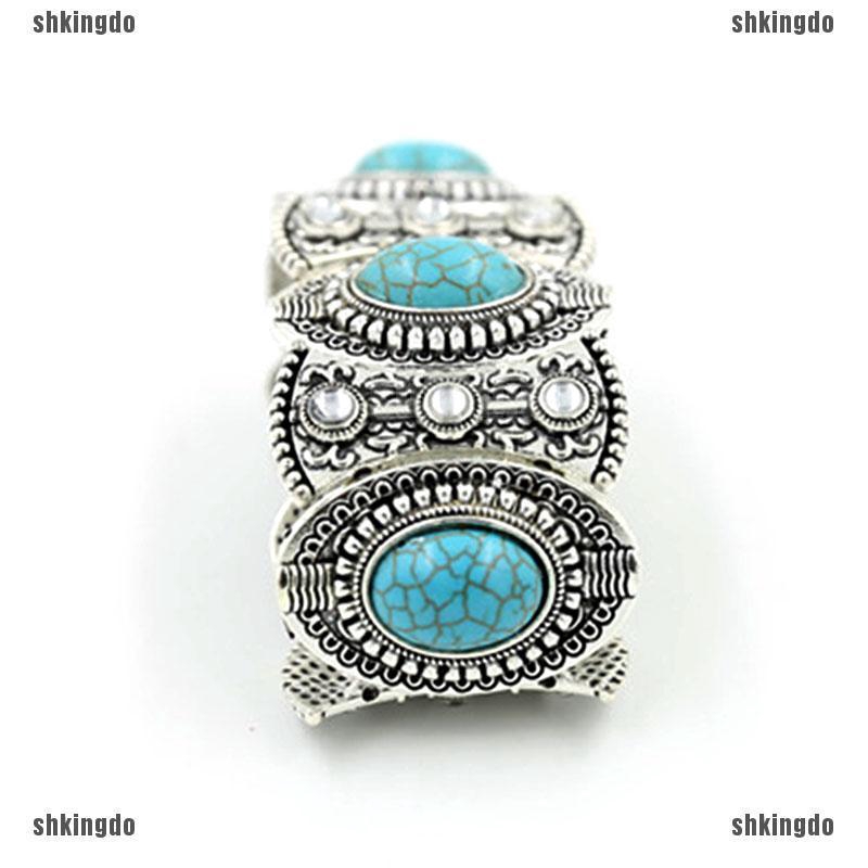 Vòng tay bản lớn đính hạt đá ngọc lam tự nhiên phong cách Boho