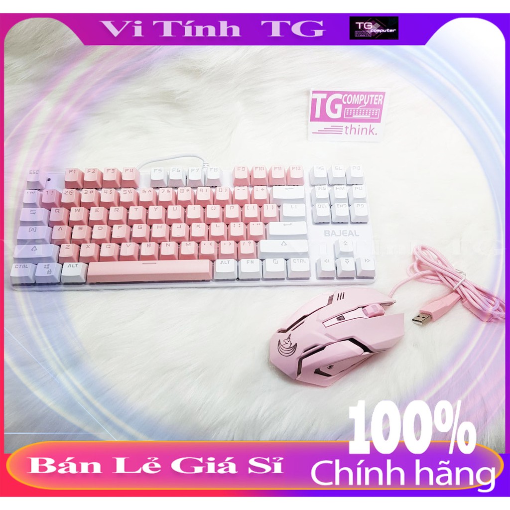 Combo Bàn phím cơ + chuột màu hồng cực đáng yêu, giá combo siêu rẻ - Tặng kèm lót chuột 5mm