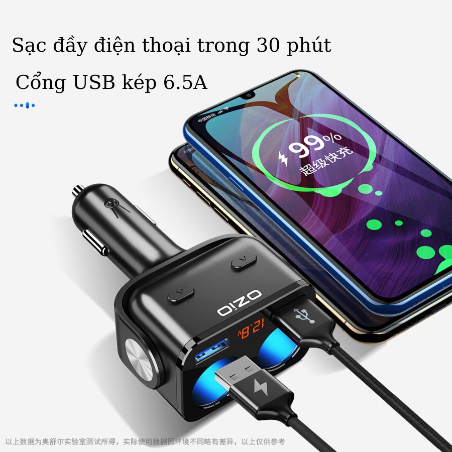 Tẩu sạc ô tô - Tẩu chia nguồn ô tô Cao Cấp 2 ổ - Kèm 2 Cổng USB hỗ trợ sạc nhanh các thiết bị