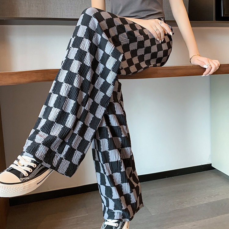 SUXI Quần Dài Lưng Cao Ống Rộng Họa Tiết Sọc Caro Thời Trang Mùa Hè Cho Nữ